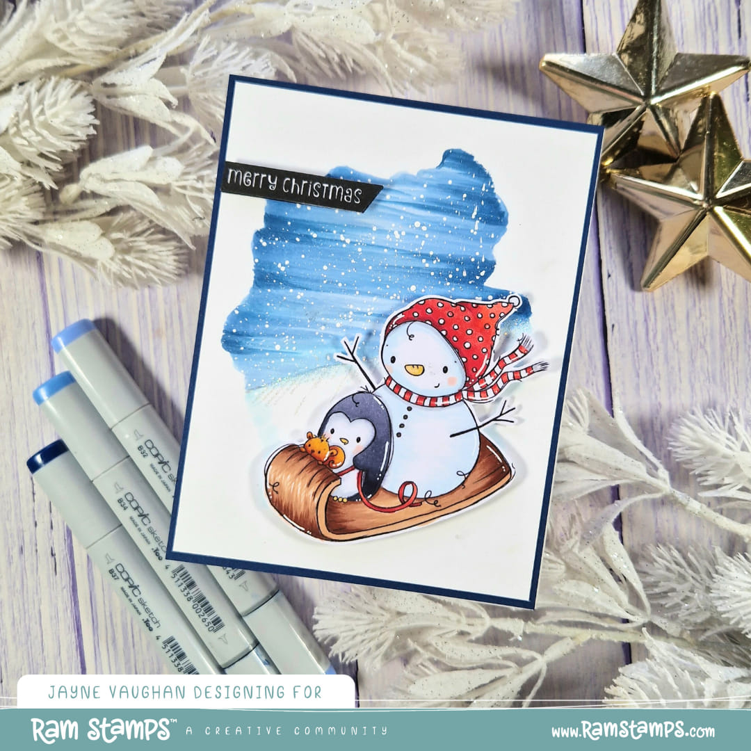 'Penguin & Snowman: Sledding' Digital Stamp