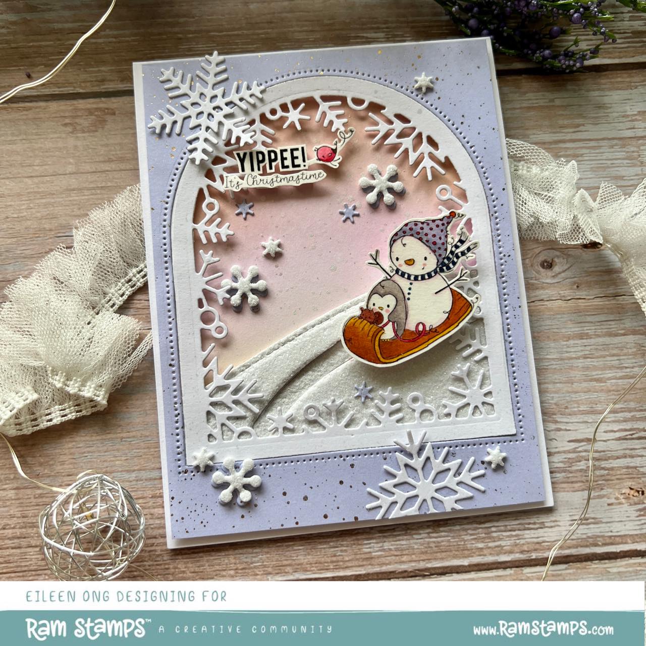 'Penguin & Snowman: Sledding' Digital Stamp