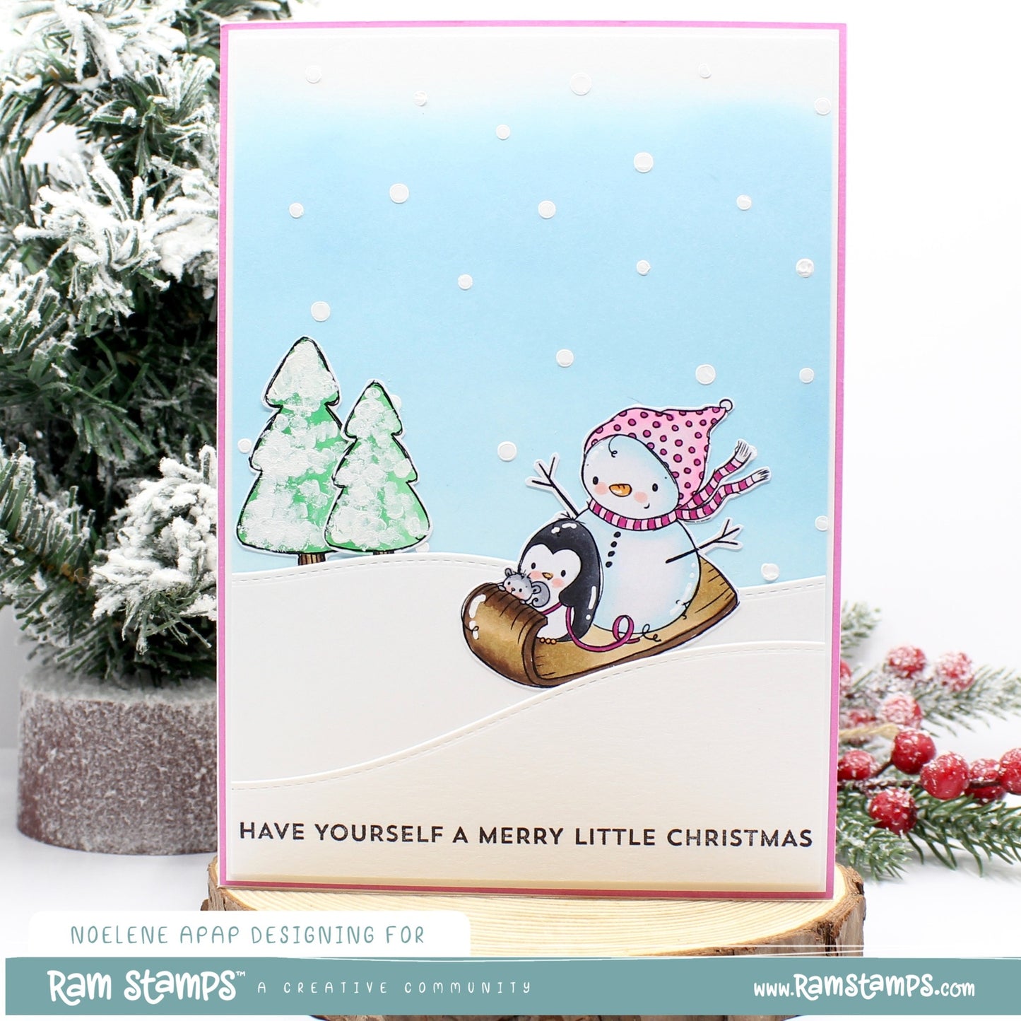 'Penguin & Snowman: Sledding' Digital Stamp