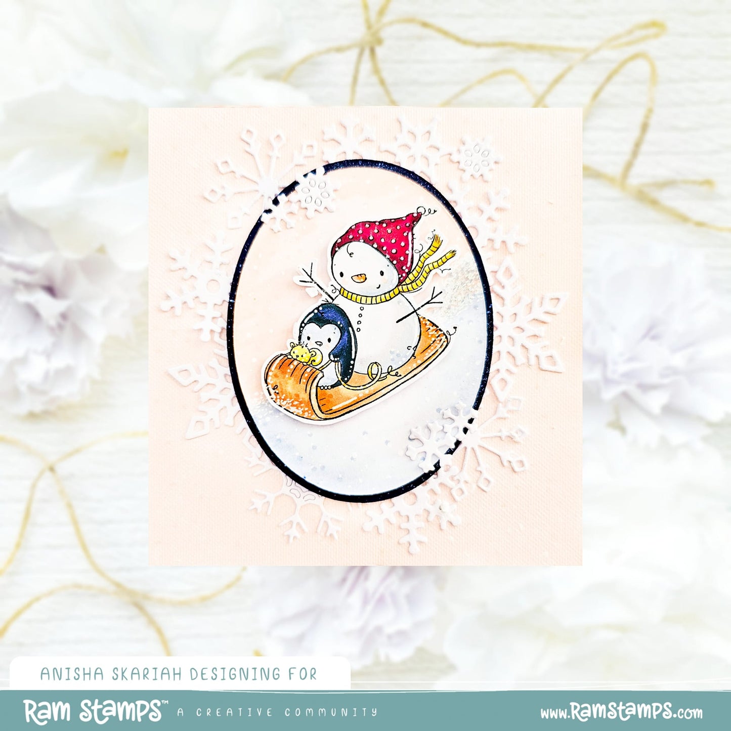 'Penguin & Snowman: Sledding' Digital Stamp