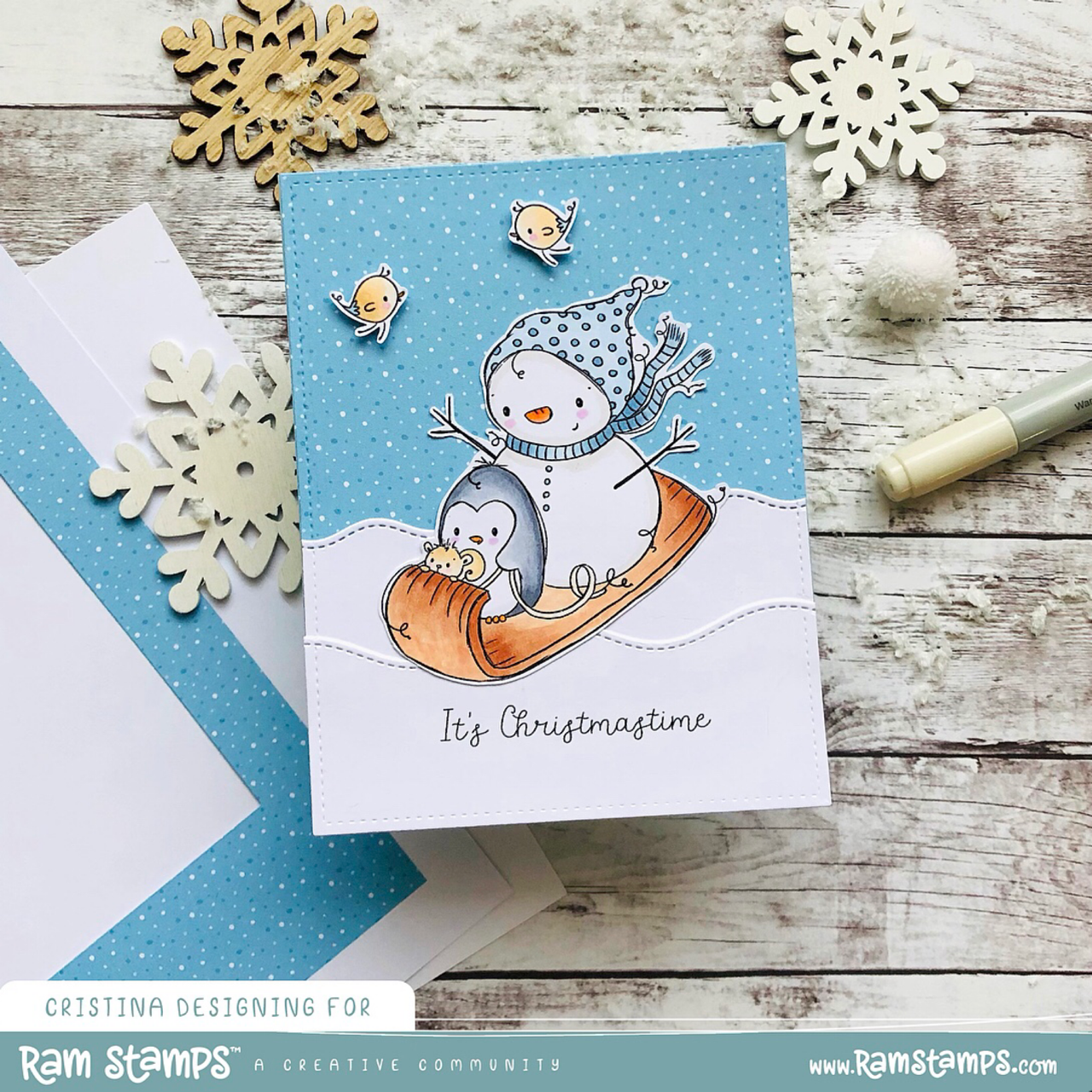 'Penguin & Snowman: Sledding' Digital Stamp