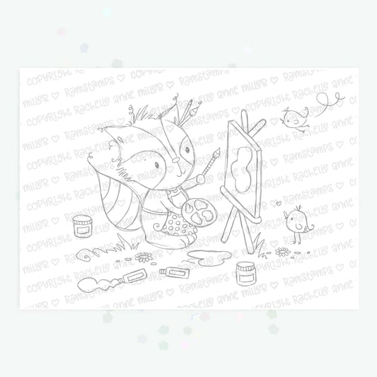 'Painting with Raccoon' Digital Stamp