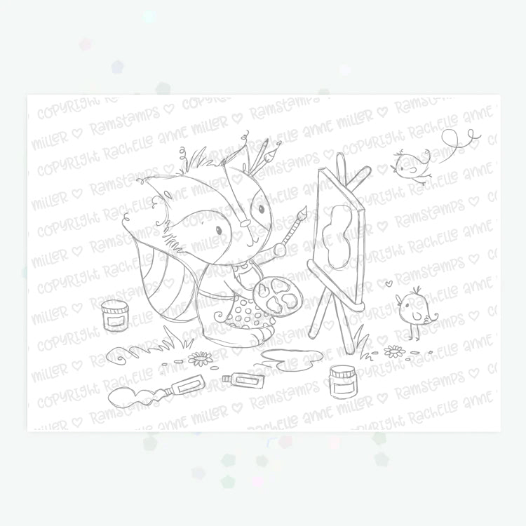 'Painting with Raccoon' Digital Stamp