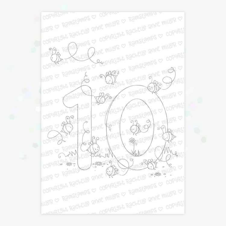 'Animal Number: Ten Bees' Digital Stamp