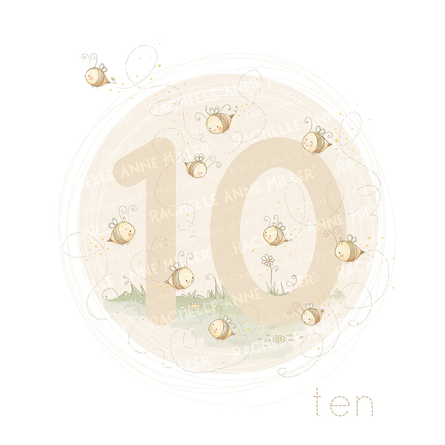 'Animal Number: Ten Bees' Digital Stamp
