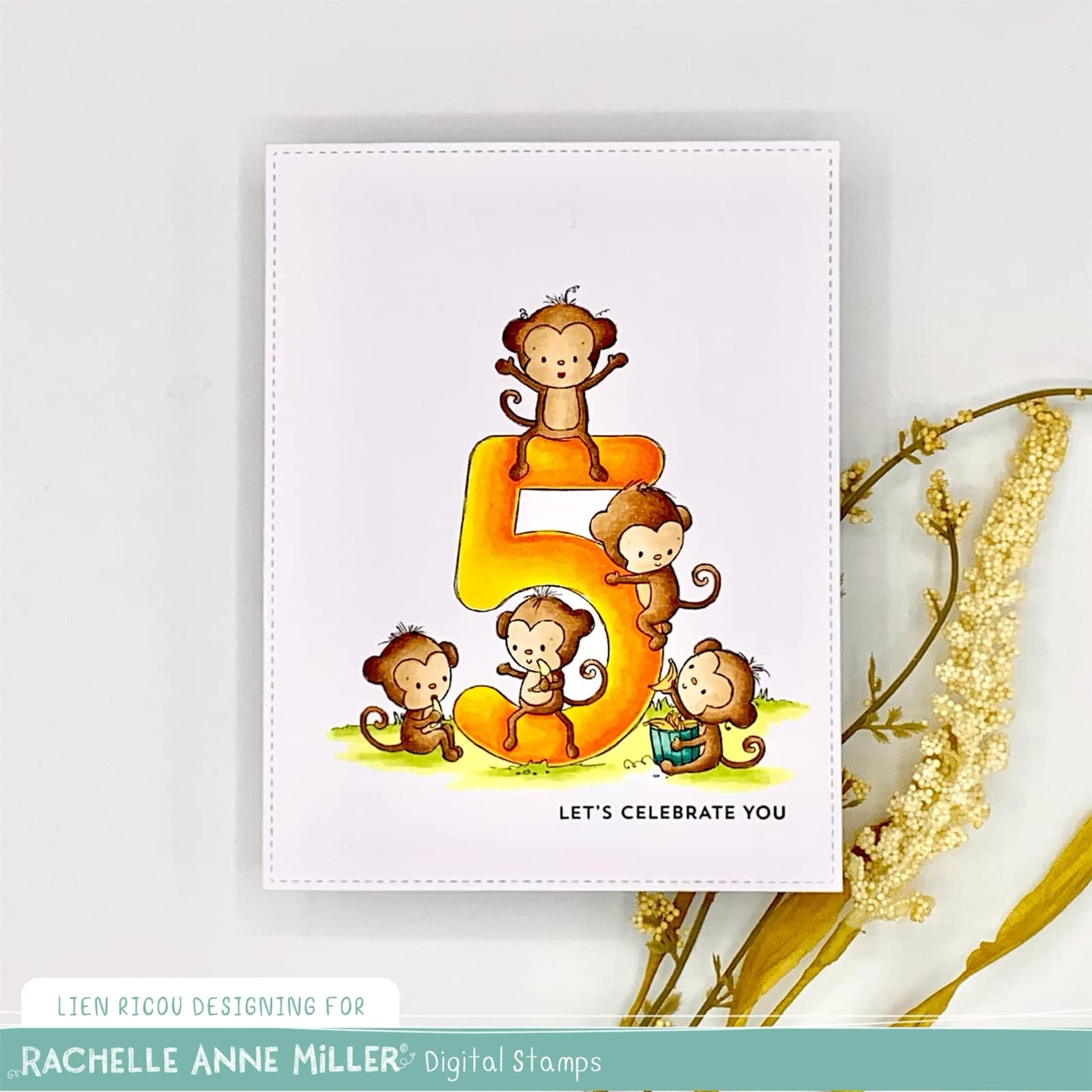 'Animal Number: Five Monkeys' Digital Stamp