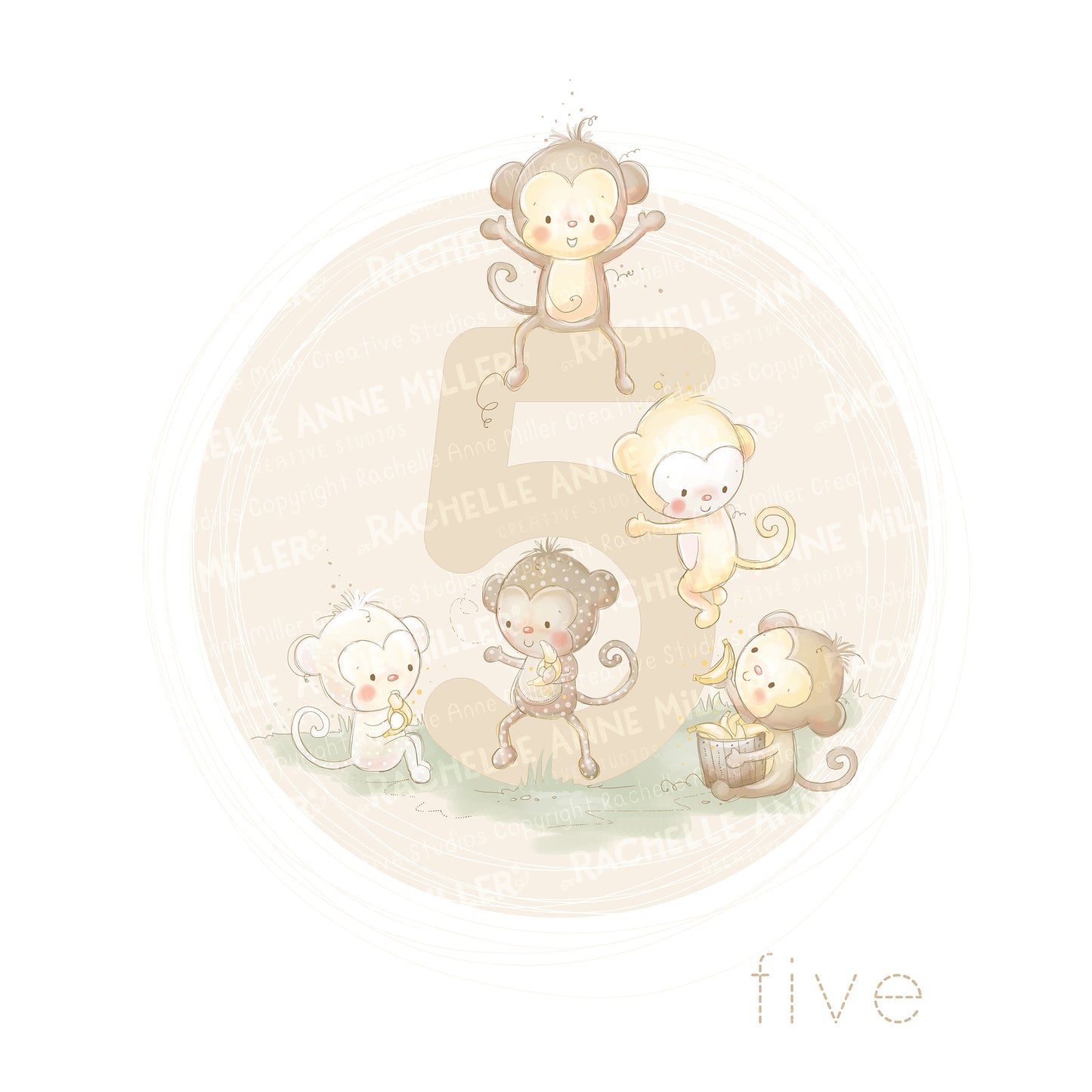 'Animal Number: Five Monkeys' Digital Stamp