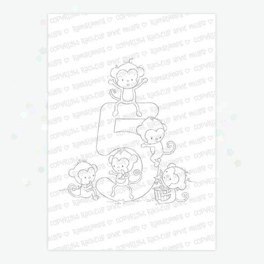 'Animal Number: Five Monkeys' Digital Stamp