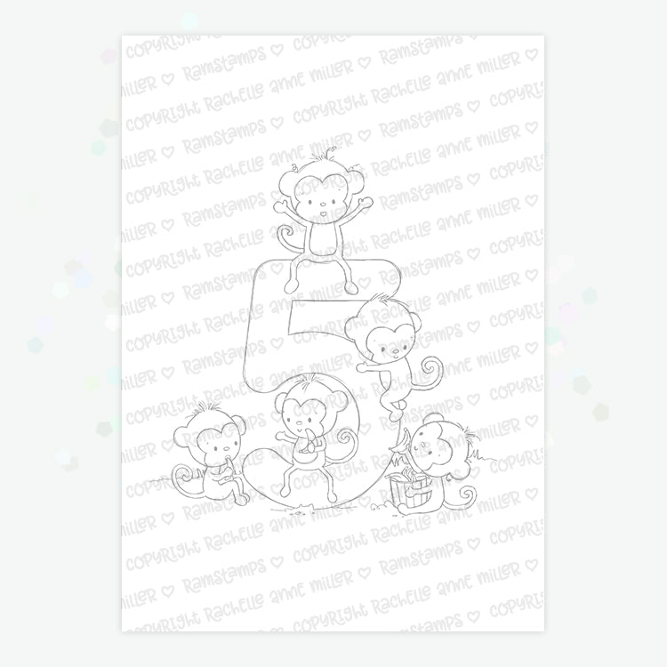 'Animal Number: Five Monkeys' Digital Stamp