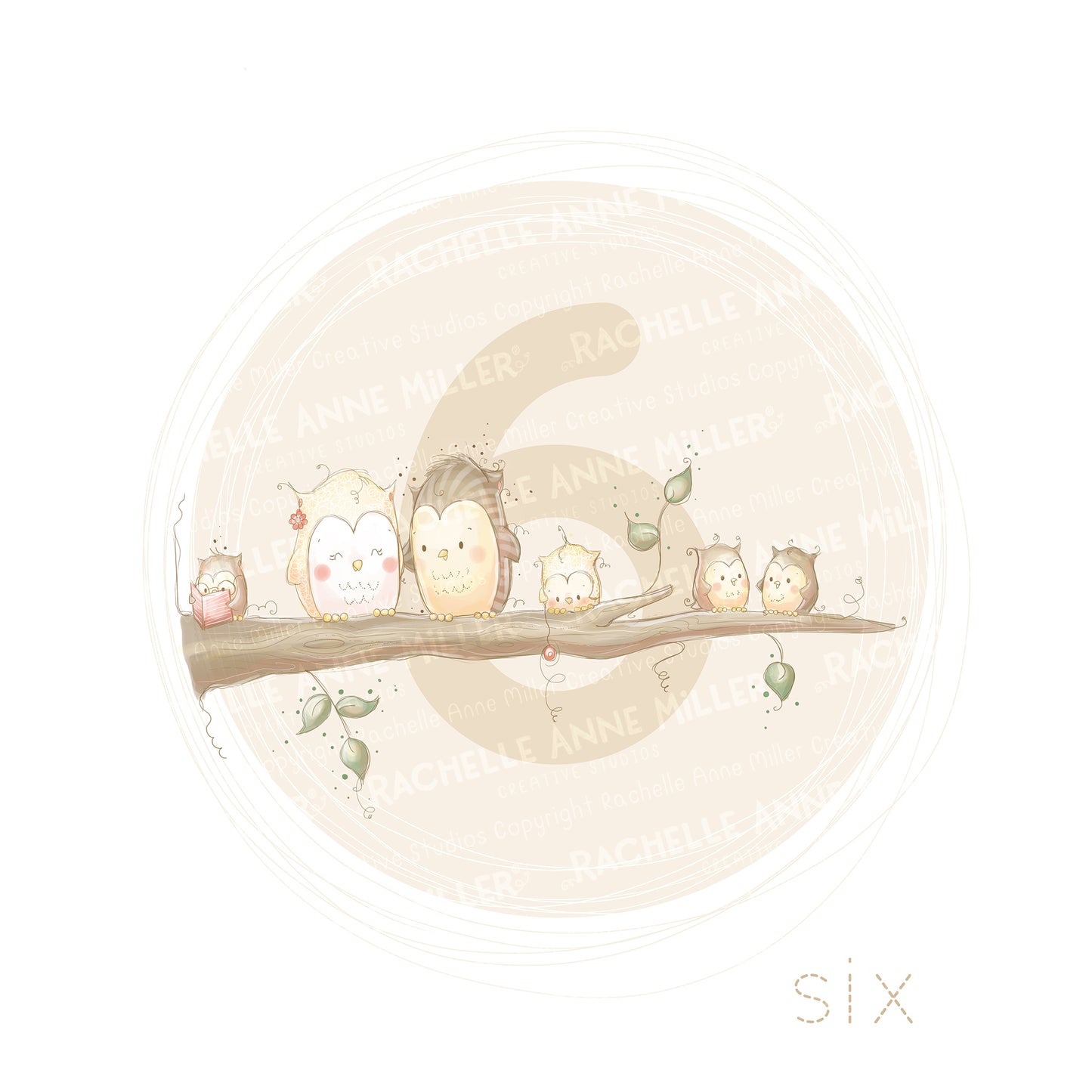 'Animal Number: Six Owls' Digital Stamp