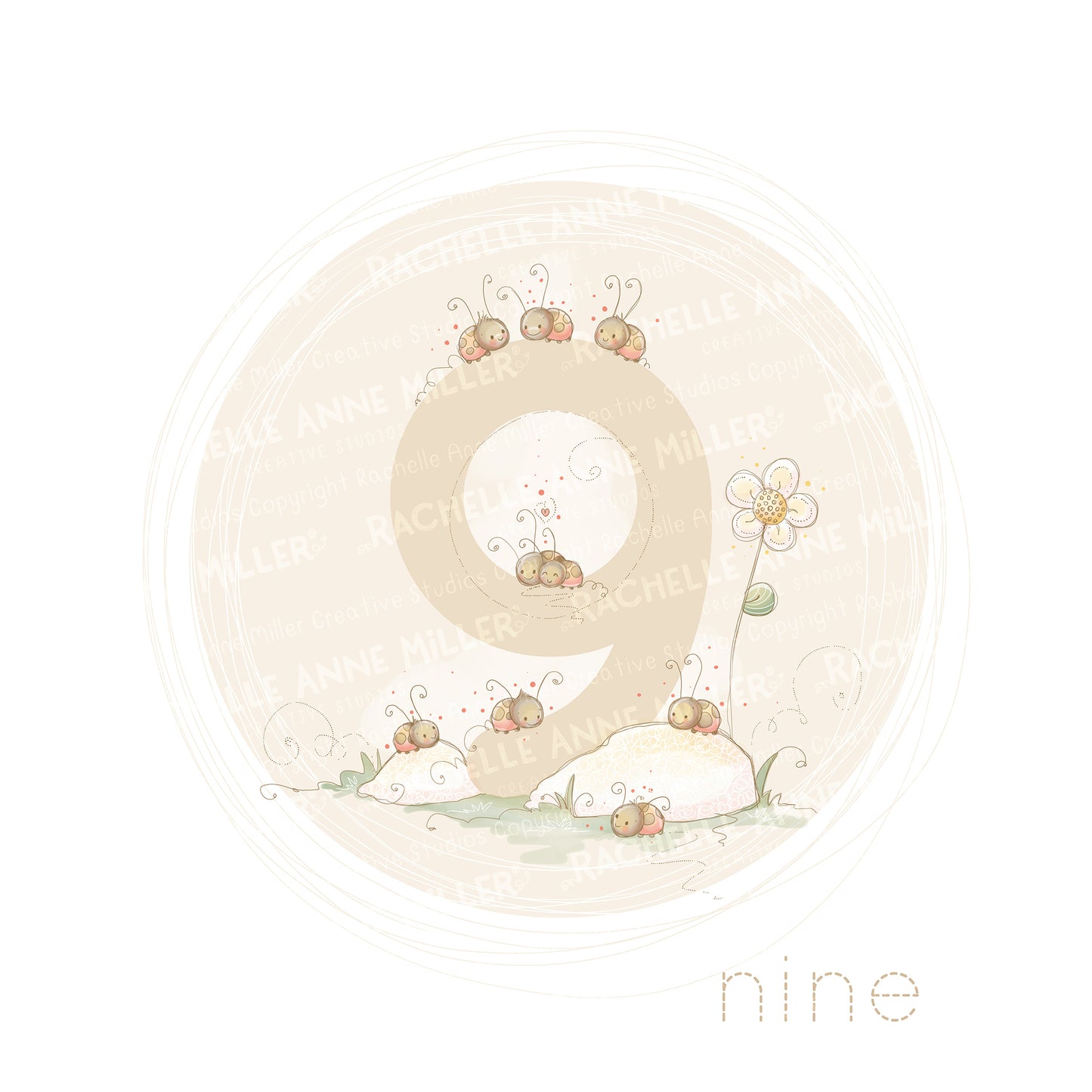 'Animal Number: Nine Ladybugs' Digital Stamp