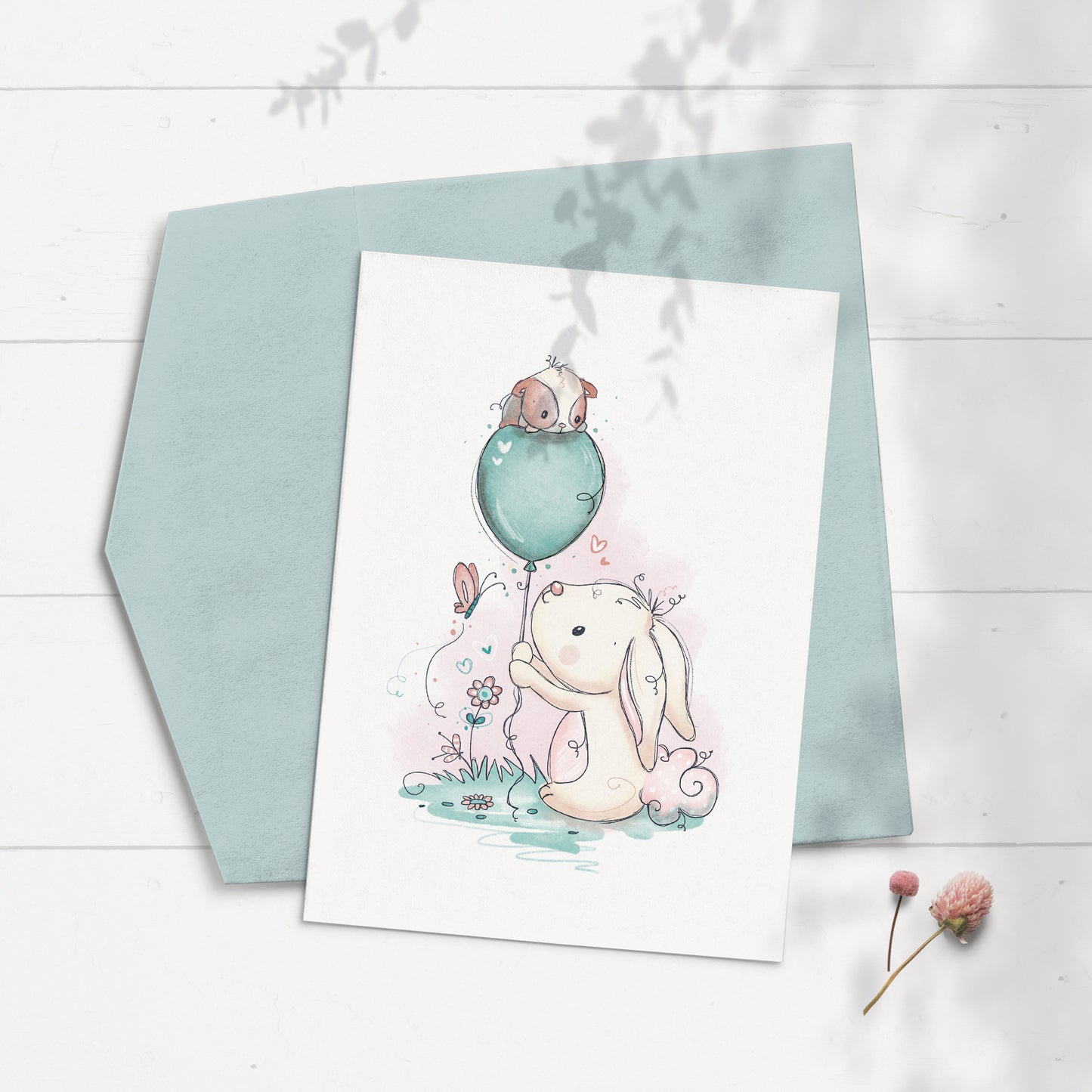 Bunny & Guinea: Balloon 5x7 Greeting Card