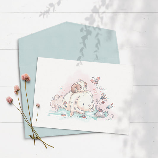 Bunny & Guinea: Balloon 5x7 Greeting Card