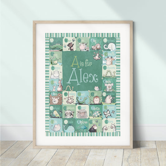 'Personalized Green Alphabet' Children's Wall Art Print