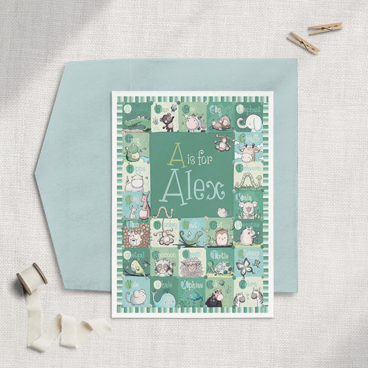 'Personalized Green Alphabet' 5x7 Greeting Card