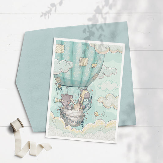 'Animal Hot Air Balloon' 5x7 Greeting Card