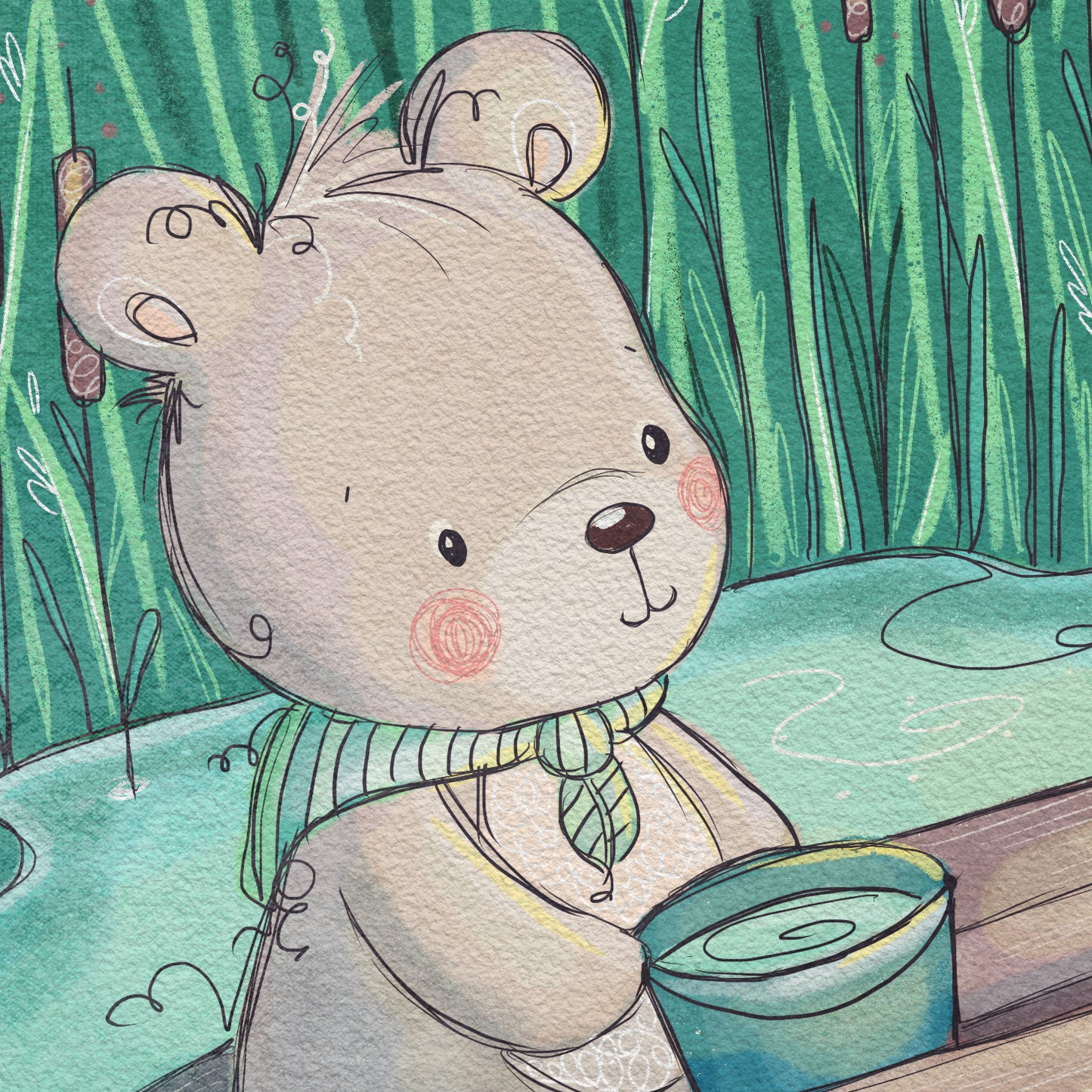 'Fishing with Bear' Children's Wall Art Print