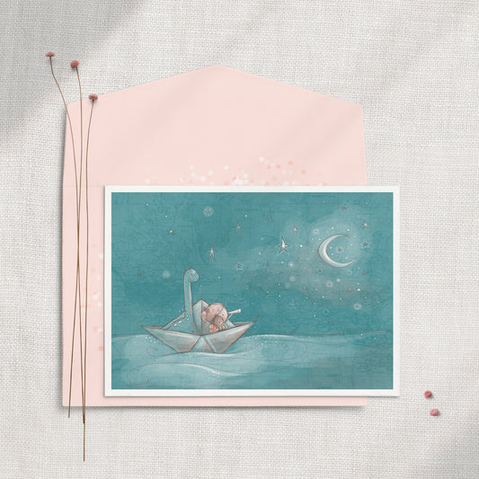 Paper Boat Adventure (Girl) 5x7 Greeting Card
