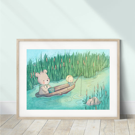 'Fishing with Bear' Children's Wall Art Print