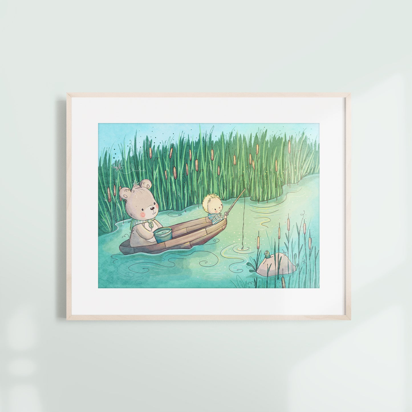 'Fishing with Bear' Children's Wall Art Print