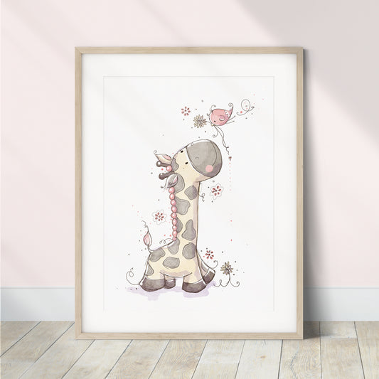 'Giraffe & Bird' Children's Wall Art Print