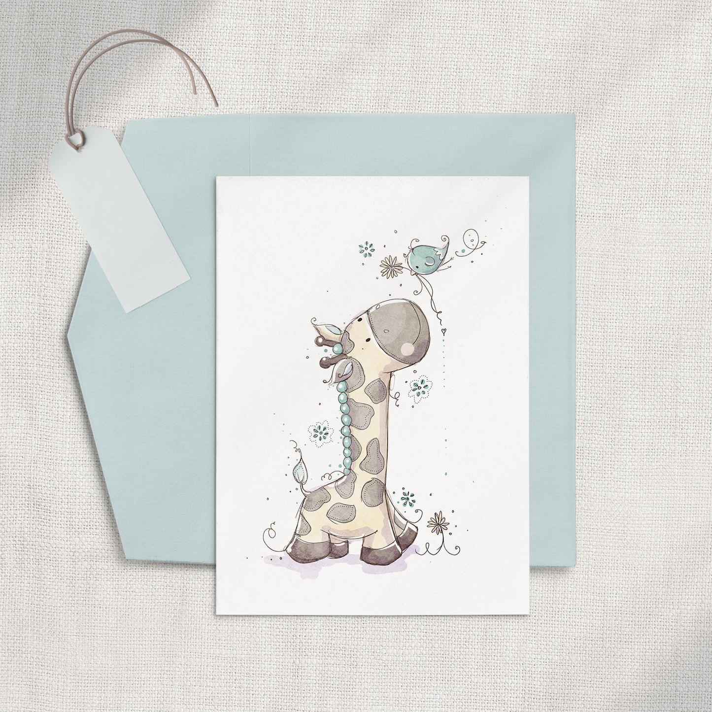 Giraffe & Bird Blue 5x7 Greeting Card