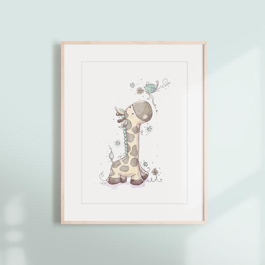 'Giraffe & Bird Blue' Children's Wall Art Print