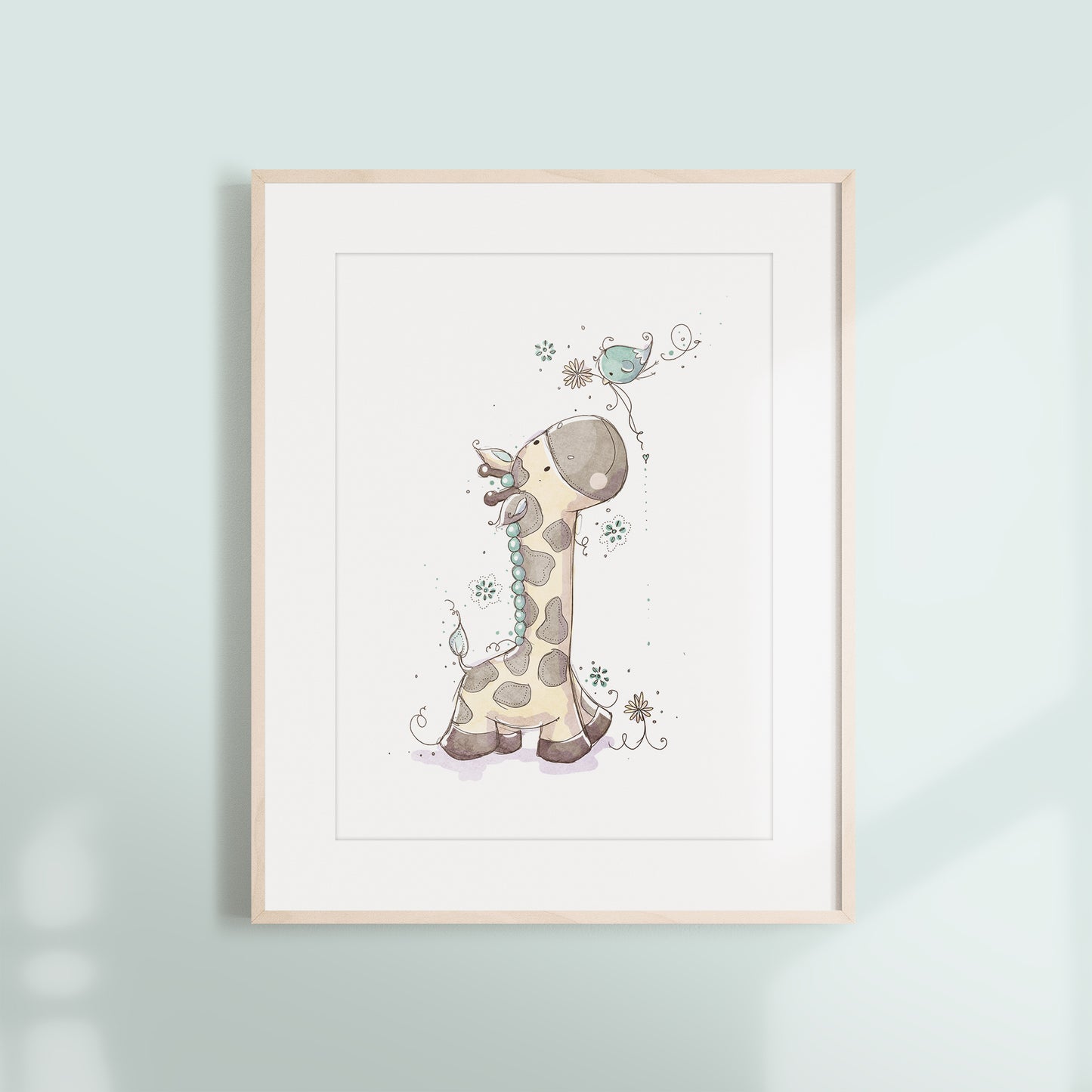'Giraffe & Bird Blue' Children's Wall Art Print