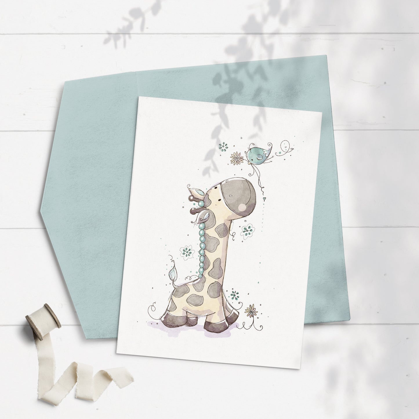 Giraffe & Bird Blue 5x7 Greeting Card