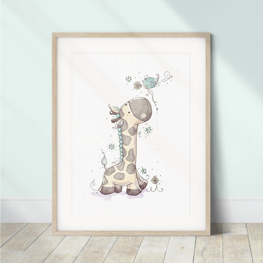 'Giraffe & Bird Blue' Children's Wall Art Print