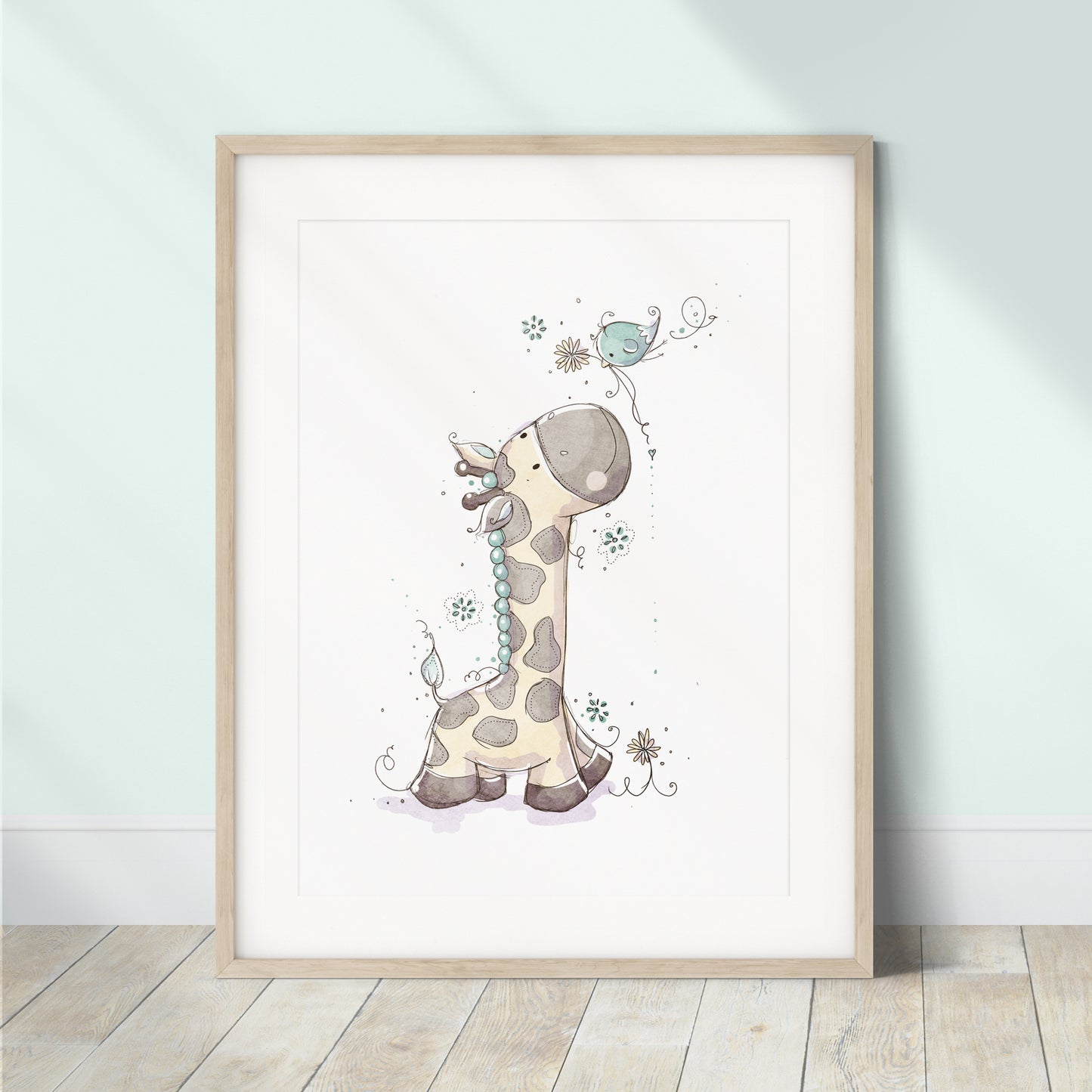 'Giraffe & Bird Blue' Children's Wall Art Print
