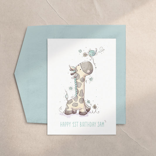 Giraffe & Bird Blue 5x7 Greeting Card