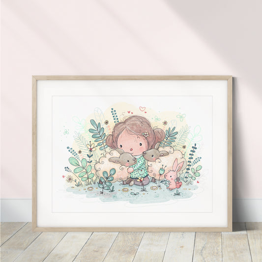 'Lamb Cuddle' Children's Wall Art Print