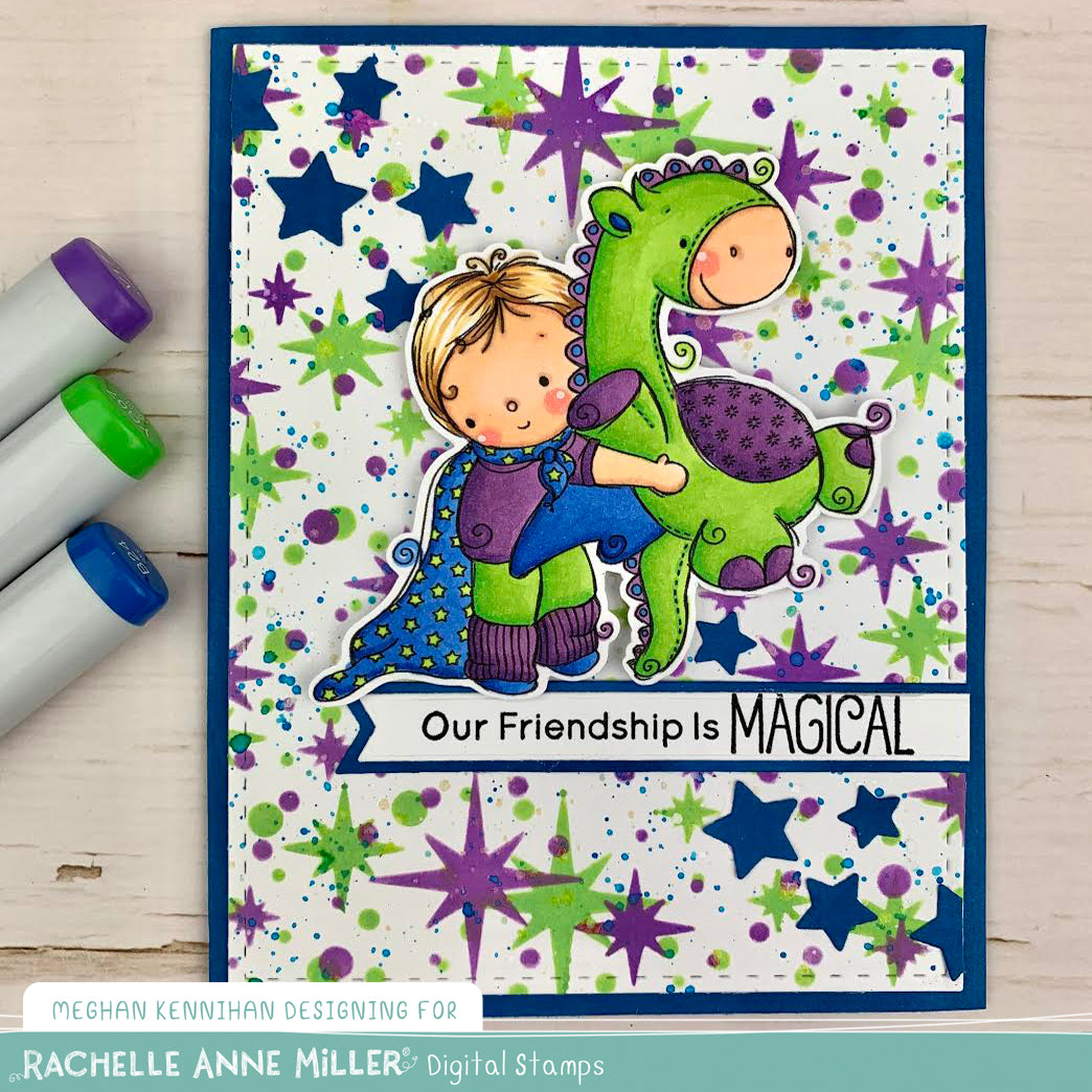 'Boy & Stuffed Dragon' Digital Stamp