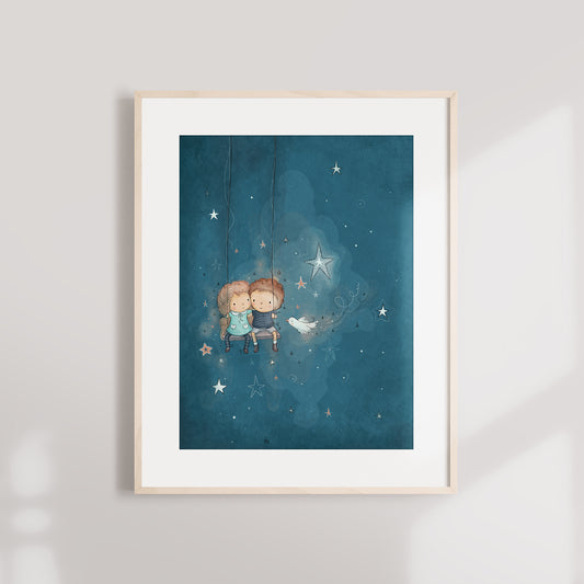 'Starry Swing' Children's Wall Art Print