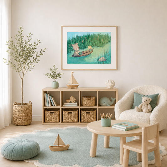 'Fishing with Bear' Children's Wall Art Print