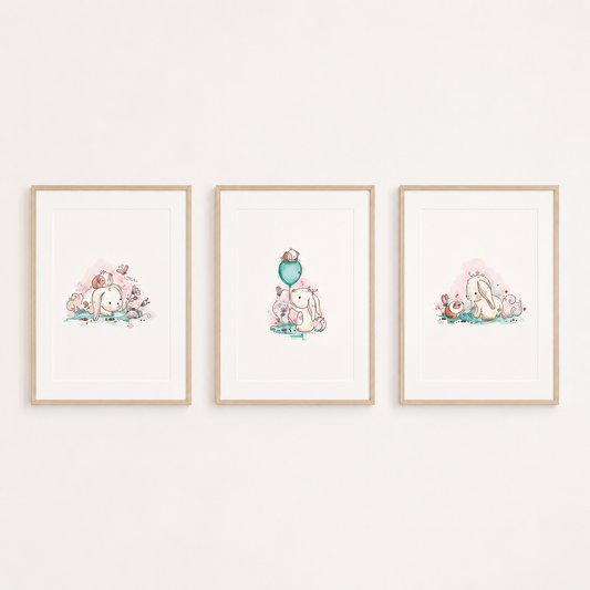 'Little Bunny Days' Children's Wall Art Print Set of 3