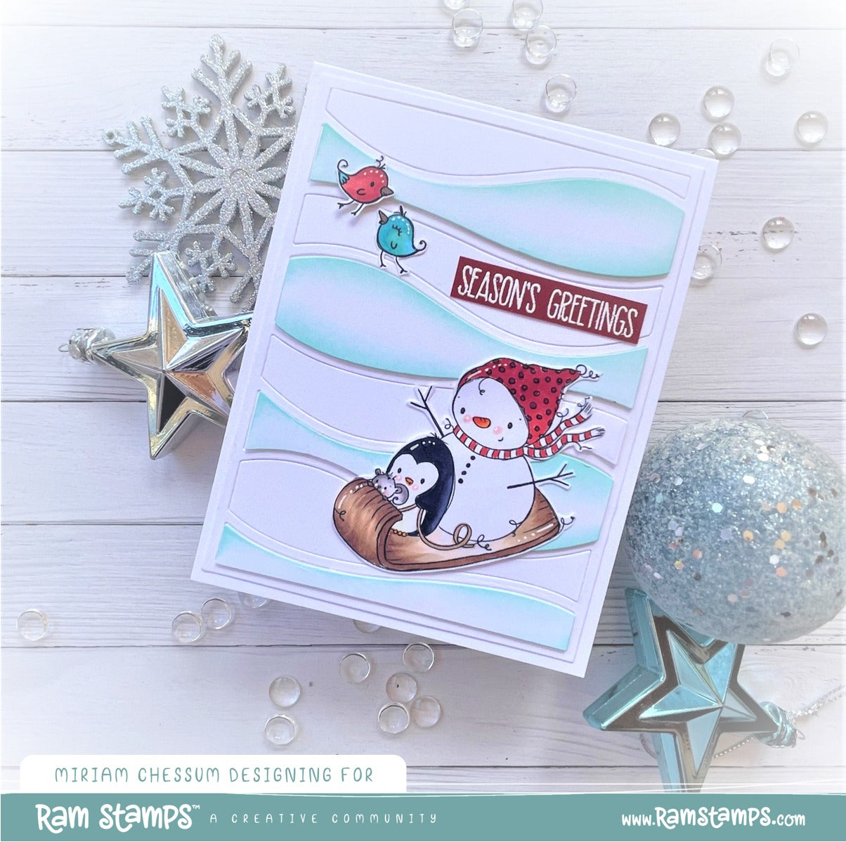 'Penguin & Snowman: Sledding' Digital Stamp
