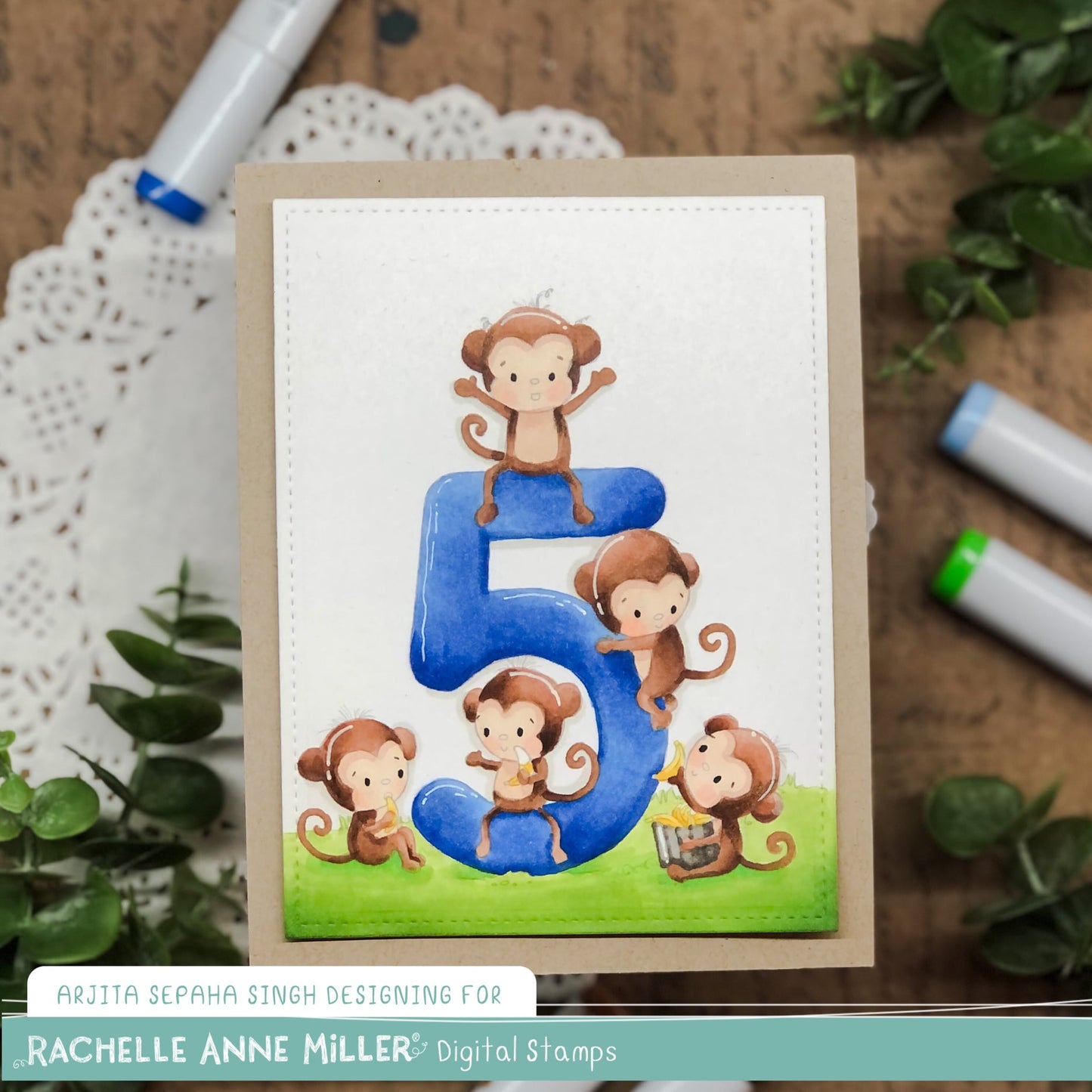'Animal Number: Five Monkeys' Digital Stamp