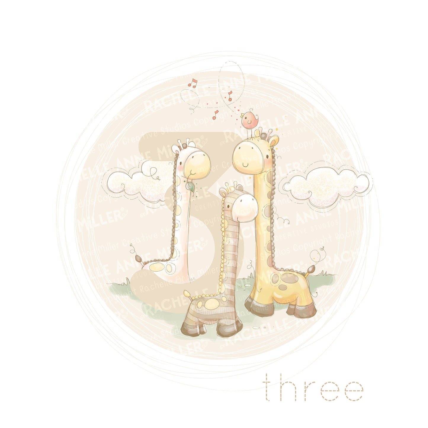 'Animal Number: Three Giraffes' Digital Stamp