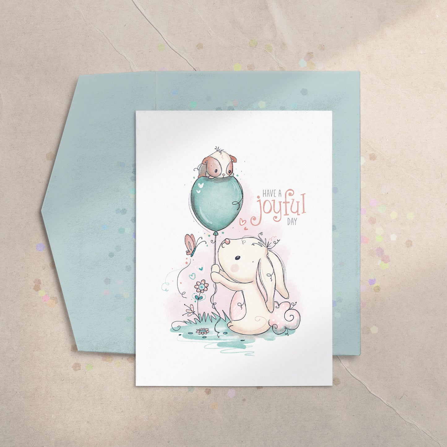 Bunny & Guinea: Balloon 5x7 Greeting Card