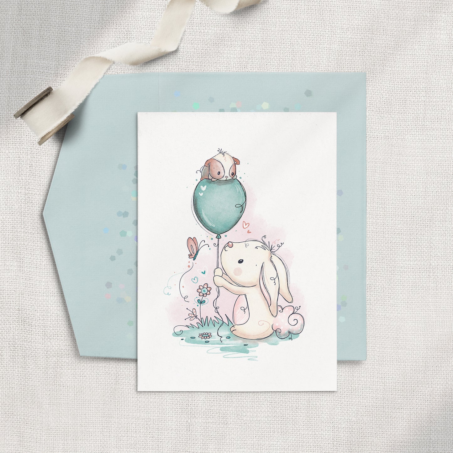 Bunny & Guinea: Balloon 5x7 Greeting Card