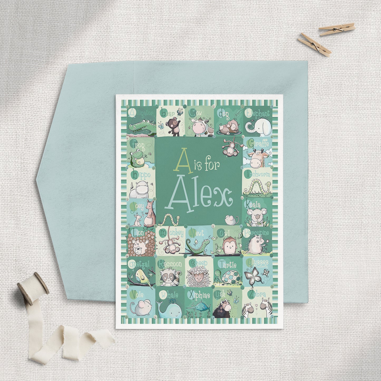 'Personalized Green Alphabet' 5x7 Greeting Card