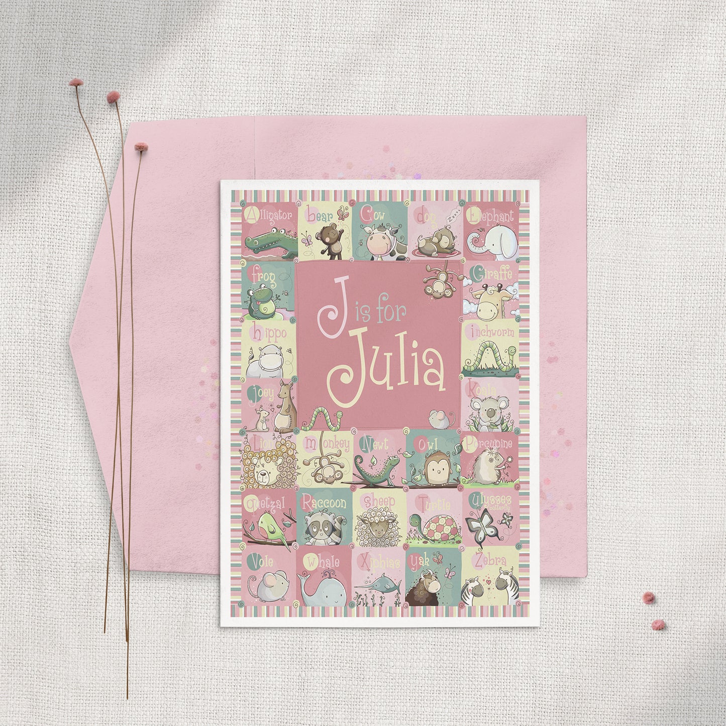 'Personalized Pink Alphabet' 5x7 Greeting Card