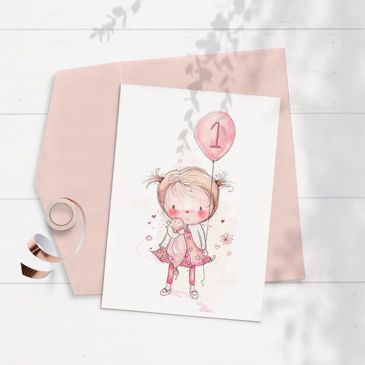 Balloon Birthday Girl 5x7 Greeting Card