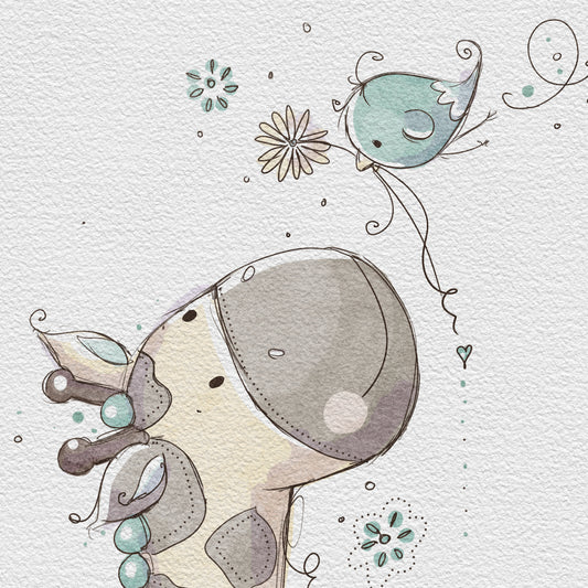 'Giraffe & Bird Blue' Children's Wall Art Print