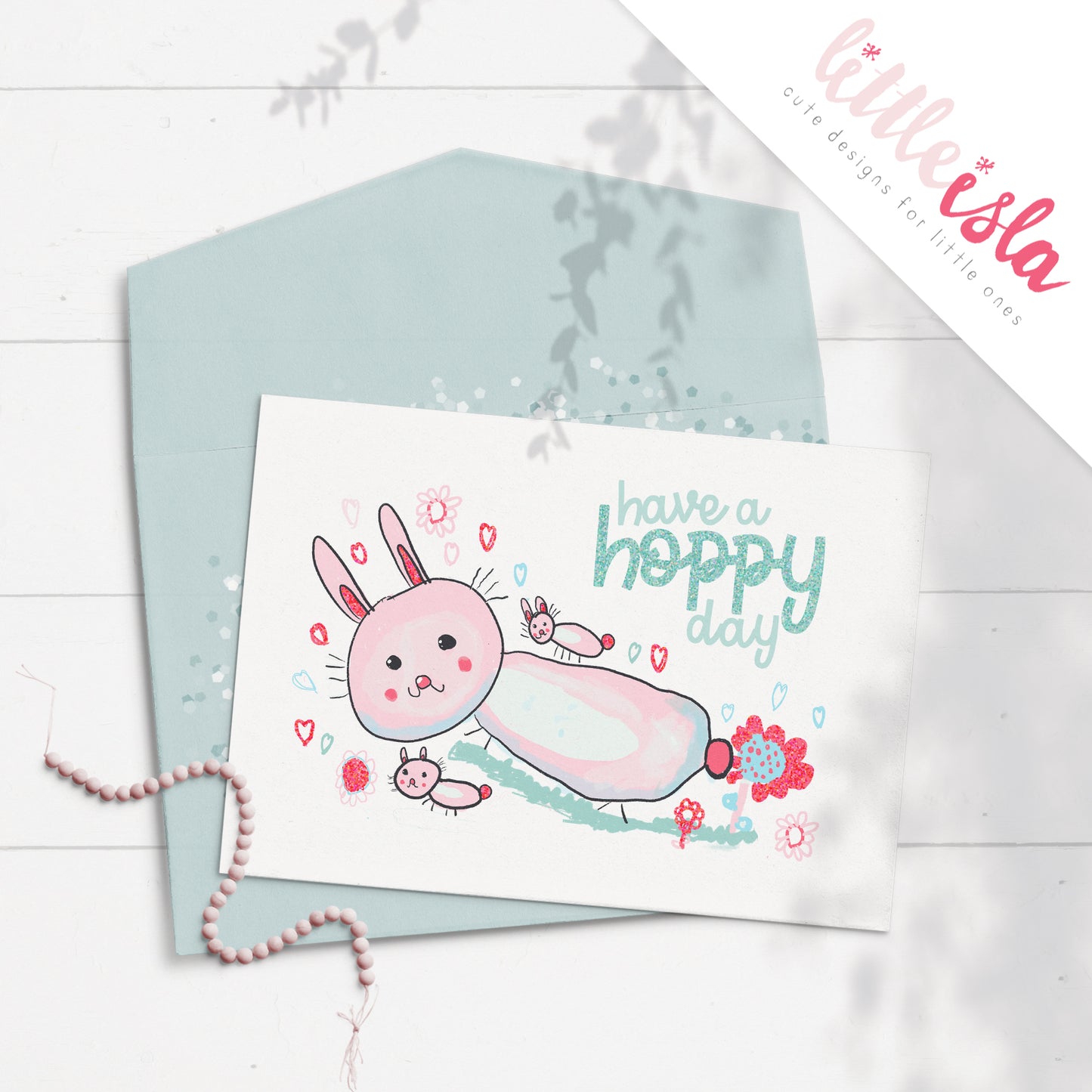 Have a Hoppy Day 5x7 Glittered Greeting Card by Little Isla