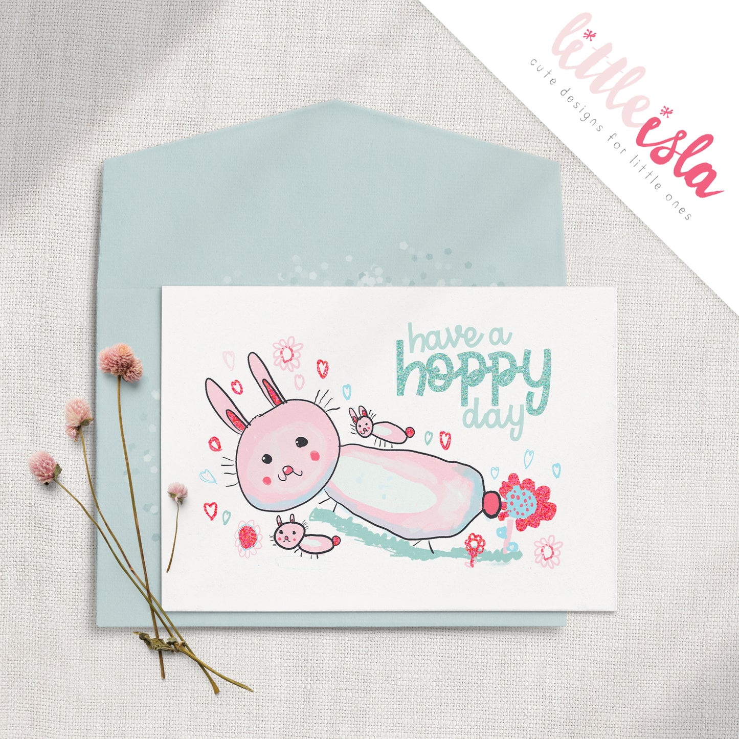 Have a Hoppy Day 5x7 Glittered Greeting Card by Little Isla