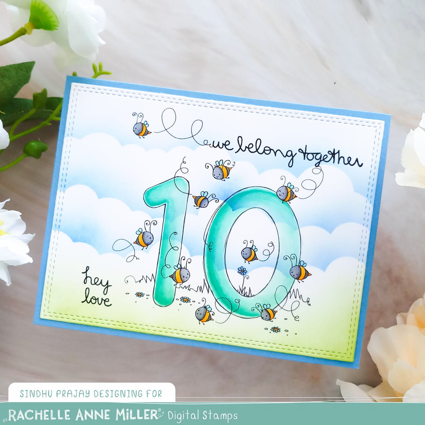 'Animal Number: Ten Bees' Digital Stamp