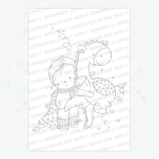 'Boy & Stuffed Dragon' Digital Stamp